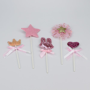 Pink Cake Toppers Set 5 Pieces Heart Bunny Crown Star Birthday Party Decorations - Product Image 2