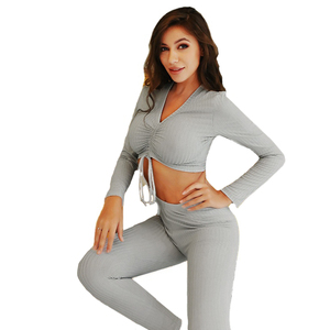 De las mujeres de manga larga de canalé top y pantalones de yoga fitness establece casual de dos piezas gimnasio de tela - Product Image 1
