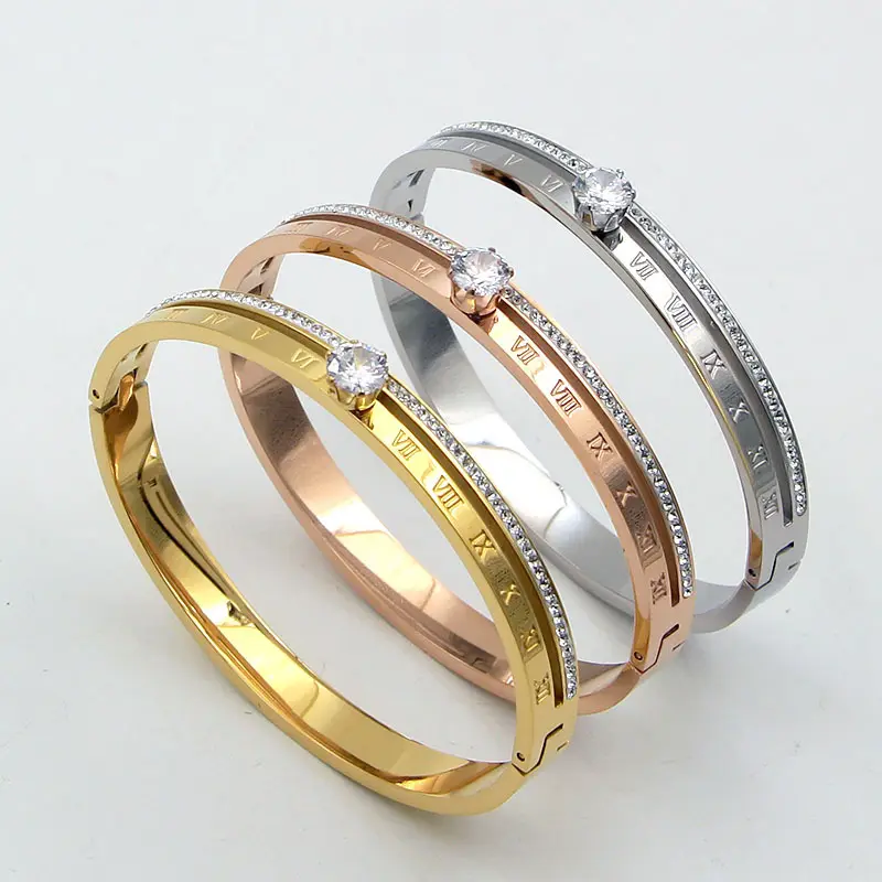 Women Accessories Roman Six-Claw Zircon Fashionable Jewelry 18k Gold Plated Stainless Steel Bangle