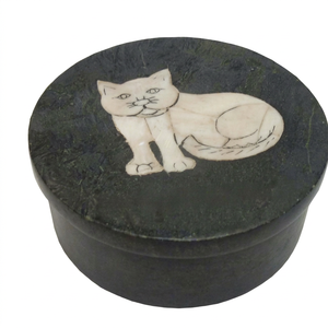 Boîte à bijoux ronde sculptée en pierre savonneuse avec motif de chat sur le couvercle pour femmes et filles - Product Image 1