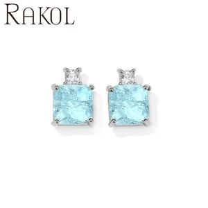 Rakol ต่างหูเพทายสี่เหลี่ยมลูกบาศก์ EP5360แฟชันสีฟ้าอ่อนเครื่องประดับสำหรับงานแต่งงานเพทายสีฟ้าสวยงาม - Product Image 1