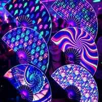Éventail pliable en bambou lumineux imprimé UV, grand format, avec impression personnalisée pour festivals de rave, clubs EDM, fêtes Pride et Drag Queen