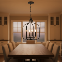 Nouvelle Lanterne de Salle à Manger Industrielle Vintage à 4 Lumières E12, Lustre Cage Noire en Fer Forgé Fait Main, Garantie 1 An