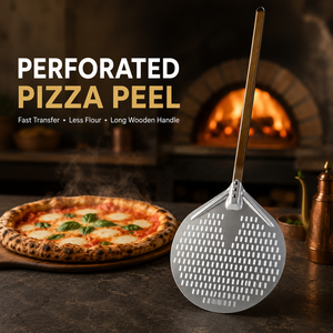 UNIVERSEA Perforated Metal Grey Pizza Peel Foldable <b>Wood</b> Handle Round 30cm-40cm Folding Turning Peel - Product Image 1