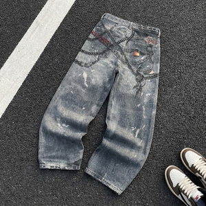 Pantalon en <span class=keywords><strong>jean</strong></span> américain tendance, pantalon en denim ample et décontracté, pantalon personnalisé, <span class=keywords><strong>jean</strong></span> léger délavé, <span class=keywords><strong>jean</strong></span> vintage à imprimé corde pour homme - Product Image 2