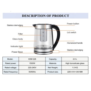 Custom 2.0L High Borosilicate Glass Cordless <b>Kettle</b> 360 Rotational Base Tea Filter Boil-Dry <b>Temperature</b> <b>Control</b> - Product Image 2