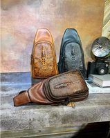 Tas Selempang Kulit Asli Vintage Motif Buaya, Tas Dada Crossbody Buatan Tangan Retro Tahan Air, Tas Bahu Pria