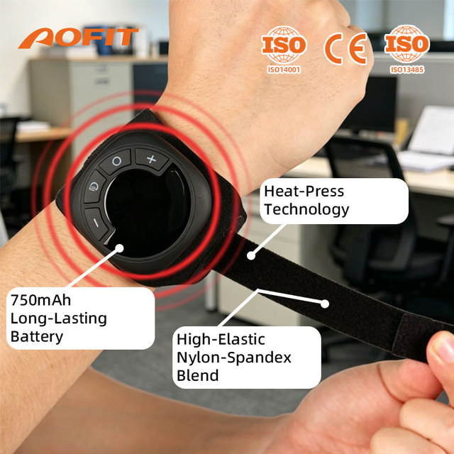 Portable Rechargeable Safety Hand Adjustable Smart Heating Electric Vibration EMS Wrist Massager Band Spandex Nylon Hook Loop