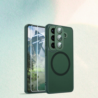 Casing A57 5G 2X Kaca Tempered Perlindungan 360° Dudukan Mobil Magnetik Tipis Matte-Transparan Hijau Tua