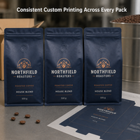 Bolsa de café personalizada al por mayor con fondo plano, válvula y cremallera para tostadores de café, marcas minoristas y envasado a granel de granos de café