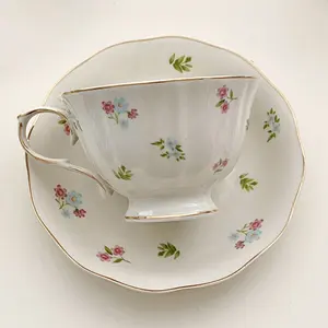 French Gold Rims Vintage Floral Ceramic Coffee Cup & Saucer Set Porcelain Afternoon Tea Luxury European Style Cups