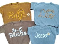 Suéter Infantil Bordado a Mano con Nombre Personalizado, Suéter de Lana con Flores Bordadas para Niños, Regalo de Cumpleaños para Bebés