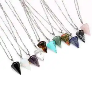 Wholesale natural chakra stones necklace mini crystal pendant rose quartz amethyst pendulum with chain