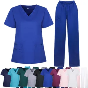 52004 In stock China Factory Customized Summer Scrub Uniform for Doctor Short Sleeved Hospital Scrub Uniform V-Neck Nurse Scrub Uniform Suit