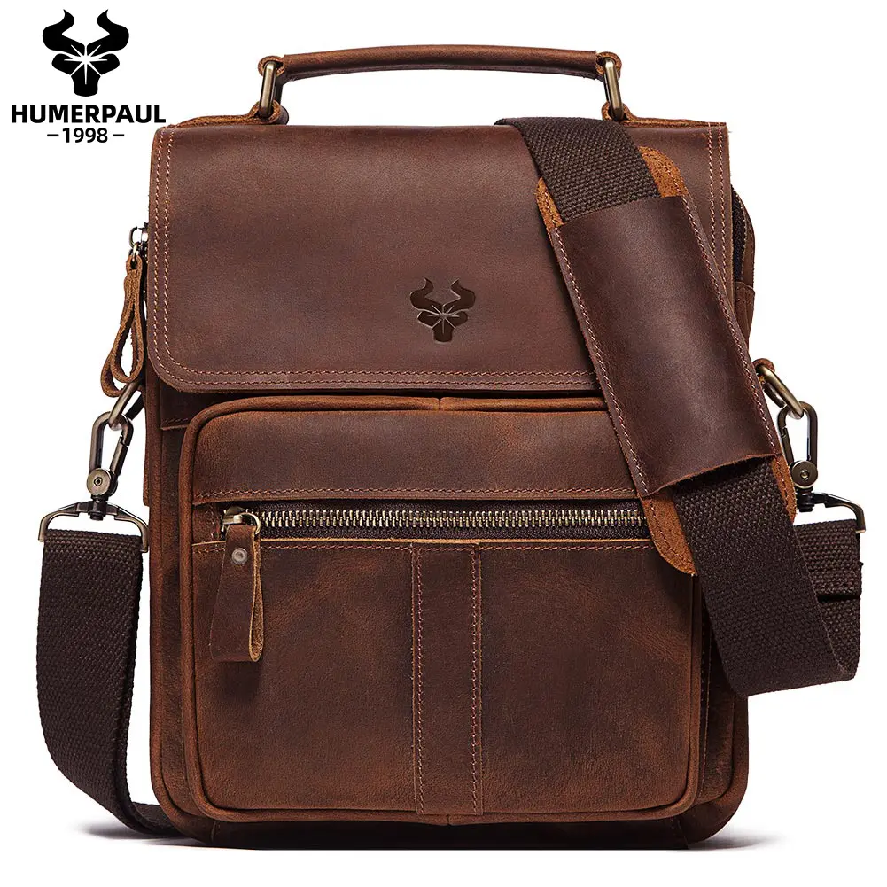 HUMERPAUL Casual Men Shoulder Bag men Vintage Handbag Messenger Bag Leather waterproof sling Business single crossbody bag