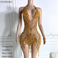 Robe Courte Femme Personnalisée Ocstrade Col Halter en V avec Diamants, Perles et Strass, Robe de Soirée de Luxe, Robe de Club Célébrité en Maille à Franges