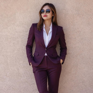 Conjunto de traje morado elegante para mujer, blazer a medida y pantalones a juego, traje de pantalón elegante y ajustado para oficina y negocios, para reuniones - Product Image 1