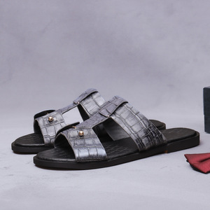 Sandalias de Cuero de Estilo Lujoso para Hombre, Tipo Flip-Flop, de Piel de Cocodrilo, para Uso en Exteriores, Duraderas, Transpirables, Color Cuero Oscuro - Product Image 1