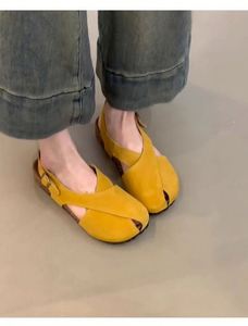 Soft Leather Version New Retro Brightening Cross <b>Strap</b> Women One <b>Strap</b> <b>Buckle</b> Round Toe Nubuck Leather Flat Sandals - Product Image 5