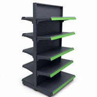 Étagère gondole double face légère et réglable, en métal gris foncé avec garniture vert citron, panneau perforé, présentoir à 5 niveaux