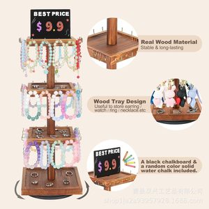 Wooden Rotating Jewelry Display Rack 3 Tier Desktop Storage For <b>Necklace</b> Earring <b>Ring</b> Watch Organizer With Chalkboard - Product Image 1