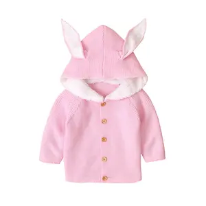 2024Verified Supplier Kids Tales Baby Clothing Kids Plain Long Sleeve Hooded Rabbit Ears Jackets Cardigans Girls