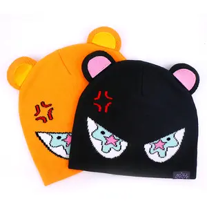 Qianzun Topi Beanie Telinga Beruang Logo Jacquard Anak Lucu dengan Telinga