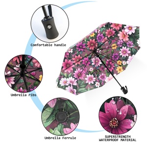 Parapluie pliable à 3 volets avec impression intégrale de fleurs, protection UV, pare-soleil, imperméable, coupe-vent, livraison gratuite, personnalisable avec logo - Product Image 5
