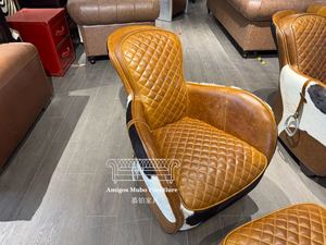 เก้าอี้เท้าแขนอานโบราณเก้าอี้พักผ่อนหนังแท้สีน้ำตาลแท้และออตโตมัน - Product Image 5