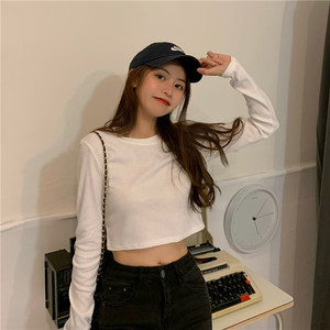 Camiseta básica blanca coreana de manga larga para mujer, estilo crop top, que deja al descubierto el ombligo, adelgazante y a la moda, para otoño. - Product Image 3
