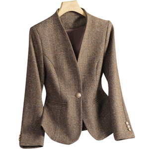 Women's Wool Blazer <b>Coffee</b> Colored Solid Color Anti-Wrinkle Petite Slim Fit Autumn Winter 2024 Style - Product Image 5