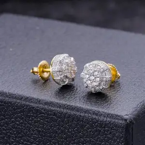 Jewellery Man Exaggerated Luxury Earrings Bulk Round Zircon 24K Gold Plated Druzy Stone 925 Silver Earings For Boys