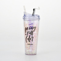 650ml 이중벽 투명 스노우볼 텀블러 PC 아크릴 DIY 컵 뚜껑 빨대 식품 등급 진공 단열 오피스 컵 파티 행사용