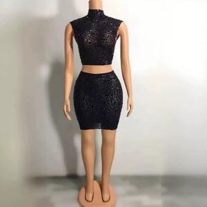 Mini jupe d'été sans manches à paillettes Rhinestone Crop <span class=keywords><strong>Top</strong></span> Sexy Party Dress Sets for Women Black Printing Spandex Polyester - Product Image 4