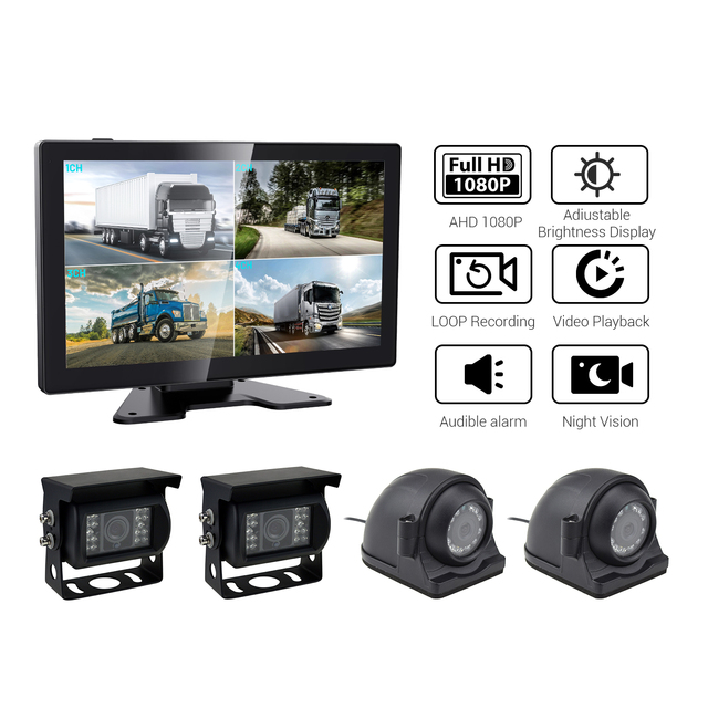 VD 10.1 Inch 24V Truck Monitor System with 4CH Split Screen SD Card 1080P IPS Blind Spot Detection & IP68 Waterproof Cameras
