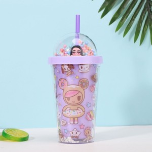 450ml Cute Tokidoki Donut Cartoon Print Double Wall <b>Plastic</b> Tumbler with <b>Straw</b> Dome Lid Pastel Foam Pom Pom Beads - Product Image 2