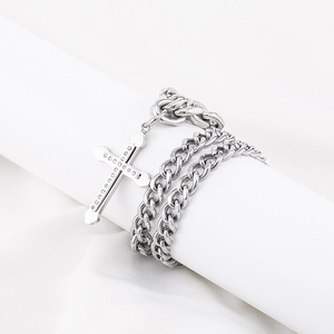 yunnique Stainless Steel <b>Cross</b> Pendant Necklace With Diamond Studs Long <b>Chain</b> Fashion Jewelry For Men And Women - Product Image 4