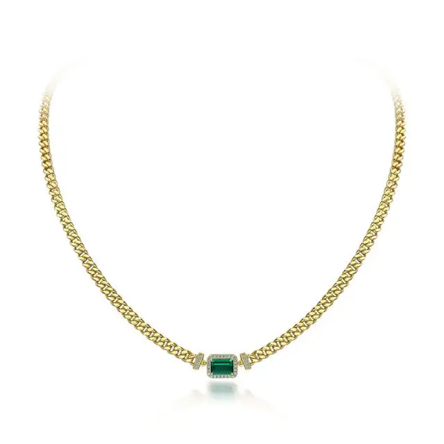 14kt gold plated green stone curb chain necklace emerald chain link necklaces