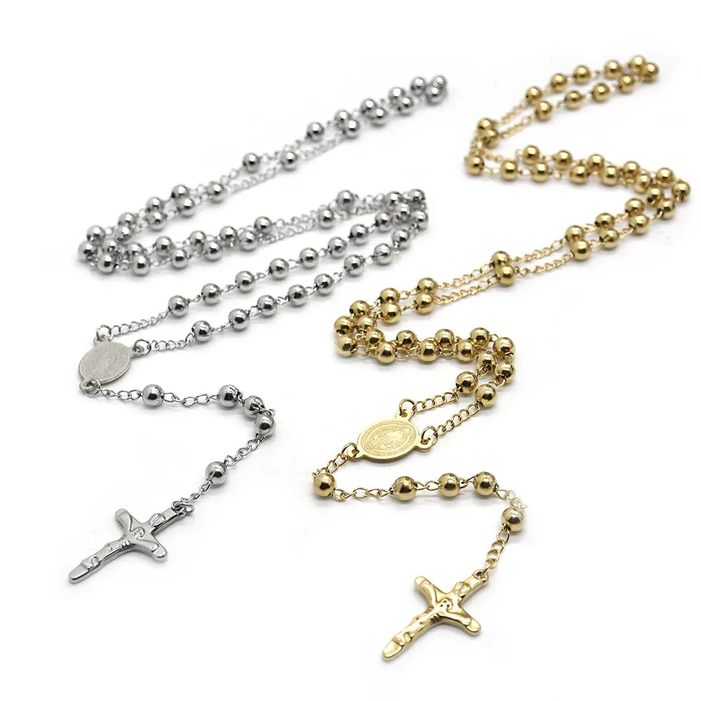 Campioni gratuiti religiosi perle lunghe di preghiera in acciaio inox placcato oro vergine maria ciondolo croce catolico rosario collana