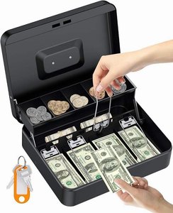 Cash <b>Box</b> for Supermarket Cashiers-Coin & Bill Organizer with Key <b>Lock</b> Steel Durable Removable - Product Image 1