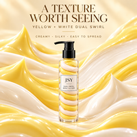 Lotion corporelle double tourbillon jaune et blanc à marque privée avec système double crème visible, texture soyeuse et soin hydratant lissant