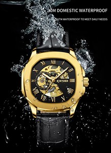 Montre mécanique automatique pour homme KINYUED, boîtier doré, bracelet en cuir, cadran squelette ajouré, double fuseau horaire, luxe, mode, vente en gros - Product Image 4