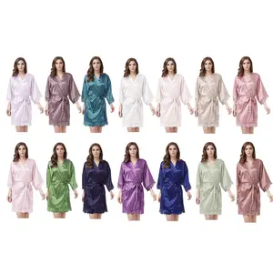 robe royale. bleu Suppliers-Robes en soie personnalisées pour femmes, Kimono en Satin, tenue de demoiselle d'honneur de mariage, avec dentelle, vente en gros,