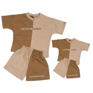 Summer Mommy And Me Sets Patchwork Tee Shirt Oversized Custom Cotton Shorts Above Knee Shorts 2 Pieces Streetwear Family