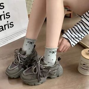 Polka Dot Bow Slouch <b>Socks</b> Cotton Women's Mid-Calf Breathable Odor Control <b>Black</b> Dark Gray Light Gray White - Product Image 2