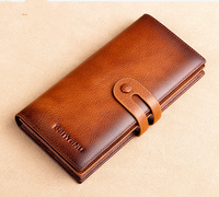 Dompet Panjang Kulit Asli Anti RFID untuk Pria, Lipat Tiga, Tempat Kartu Kredit Pop-up untuk Bisnis dengan Kantong Koin