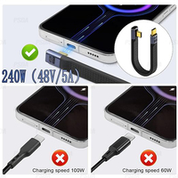 4,0 C macho a 90 ° ángulo C macho Cable corto de datos 240W USB tipo C 4,0 PD Cable flexible plano de carga rápida para banco de energía de teléfono inteligente