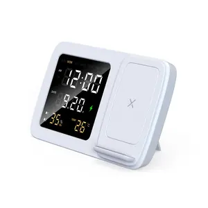Proveedor dorado de Alibaba, reloj despertador Digital multifuncional patentado personalizado, cargador inalámbrico QI con pantalla de temperatura LED