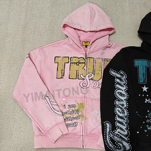 Custom DTG Serigrafía Boxy Heavyweight Cremallera Chaquetas Algodón Desgastado Rhinestone Zip up Hombres Sudadera con capucha - Product Image 2