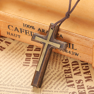 Collar vintage hecho a mano <span class=keywords><strong>de</strong></span> doble capa con cruz <span class=keywords><strong>de</strong></span> aleación y madera para mujer y <span class=keywords><strong>hombre</strong></span>, <span class=keywords><strong>cadena</strong></span> larga para suéter, colgante para coche N300 - Product Image 3